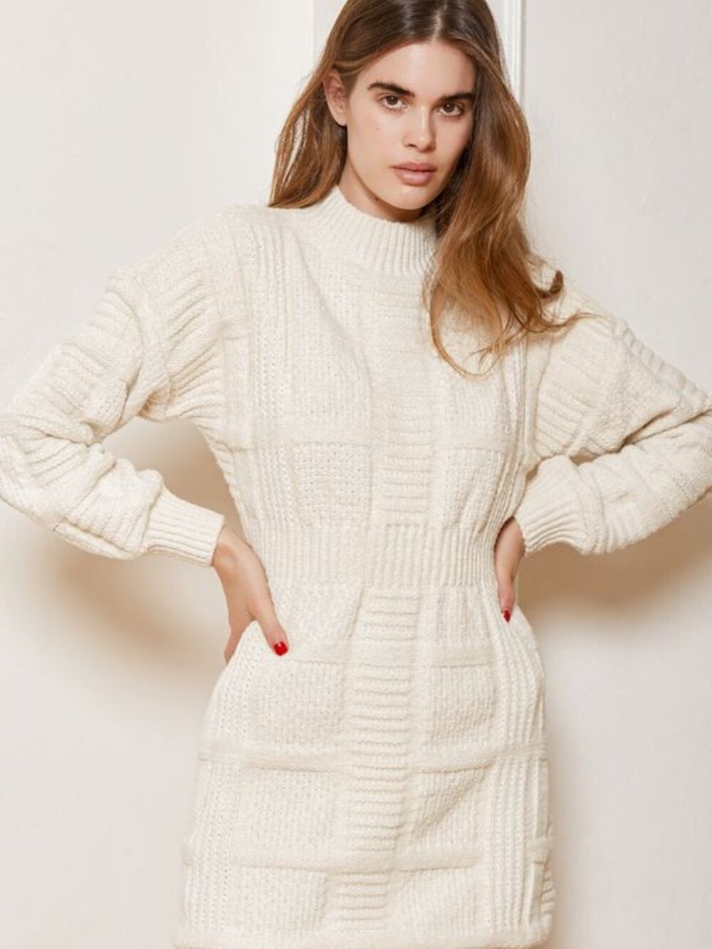 Lulus Patchwork It Cream Cable Knit Cutout Sweater Dress White - Size XS